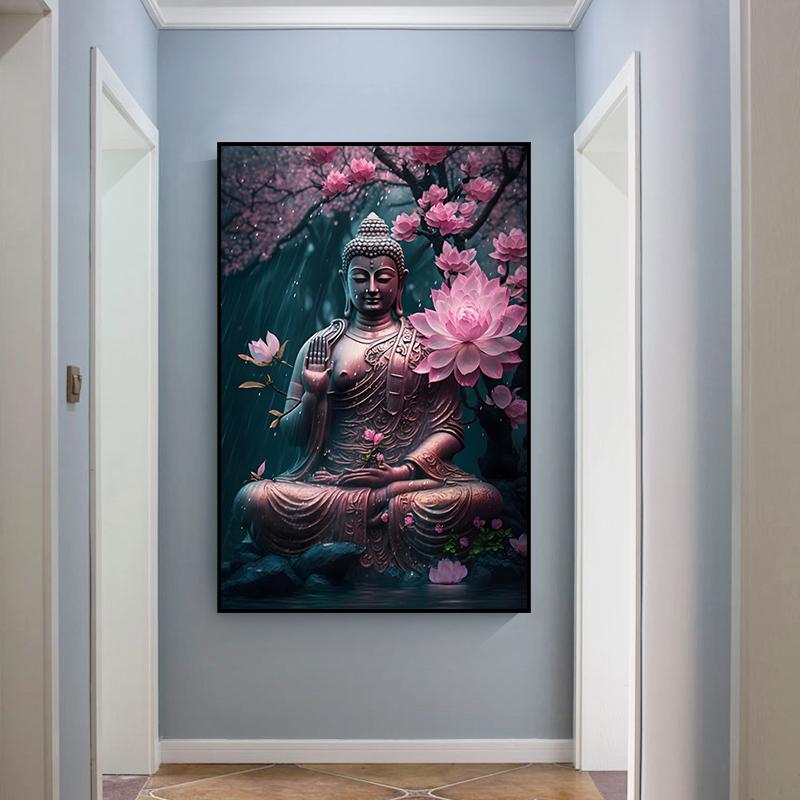 Vintage Buddha Canvas Painting, Cherry Blossoms Poster Wall Art, Temple Golden Statue of Buddha Prints, Office Living Room Decor