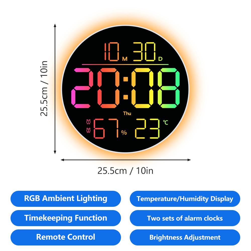 NEWSTYLE RGB Colorful LED Wall Clock with Remote Control Multifunctional Display Auto DST Countdown Clock LED Ambient Wall Lmap