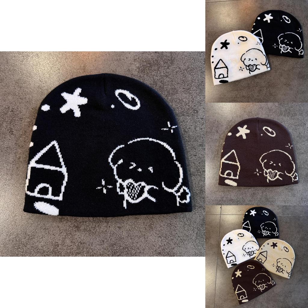 Childrens Knit Hat With Cartoon Dog Expression Knit Warm Headwear For Cold Seasons