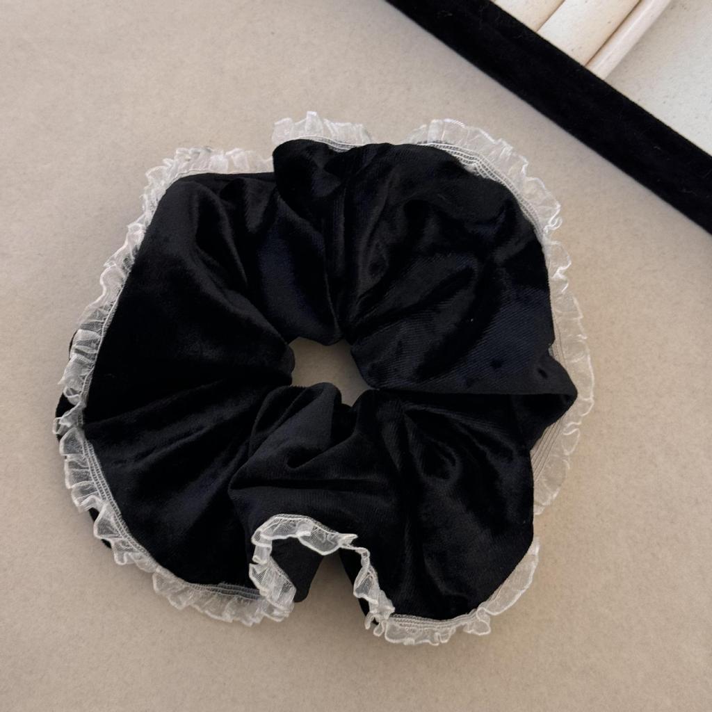 Banda de păr coreeană retro din catifea cu dantelă intestin gros - Design floral high-end pentru coadă de cal