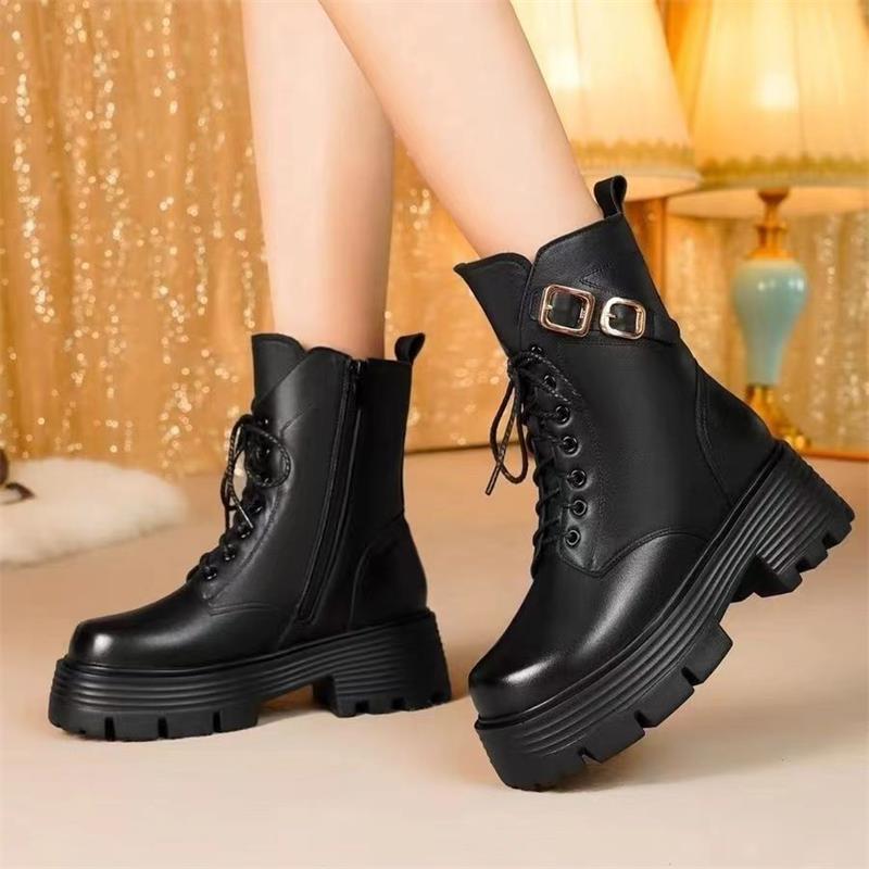 British winter velvet cotton Martin boots women's rivets medium tube high heel locomotive short boots knight thick heel fashion boots