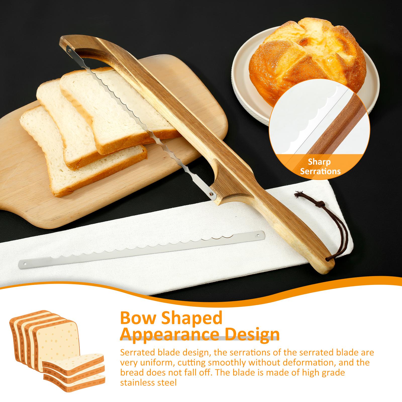 Bow Bread Knife with 3 Stainless Steel Blades Wood Handle Bread Bow Knife Multipurpose Sourdough Bread Knife for Homemade Bread