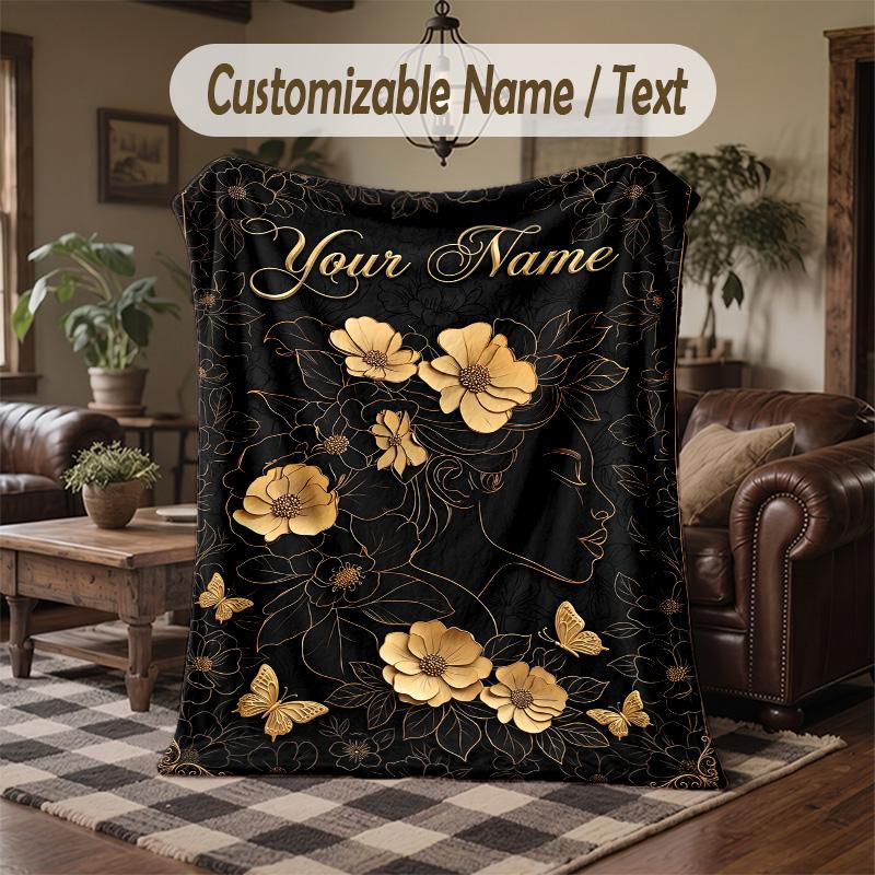 Golden Floral Elegance 2 Theme Throw Blanket Custom Name Text Personalized Blanket Soft Cozy Blanket for Home Sofa Bed