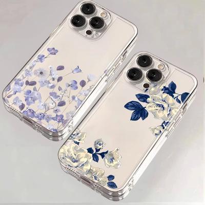 Blue White Floral Mirror Case Pattern Phone Case for iPhone 17 16 15 14 13 12 11 16E Series Pro Max Plus Double Layer Protection