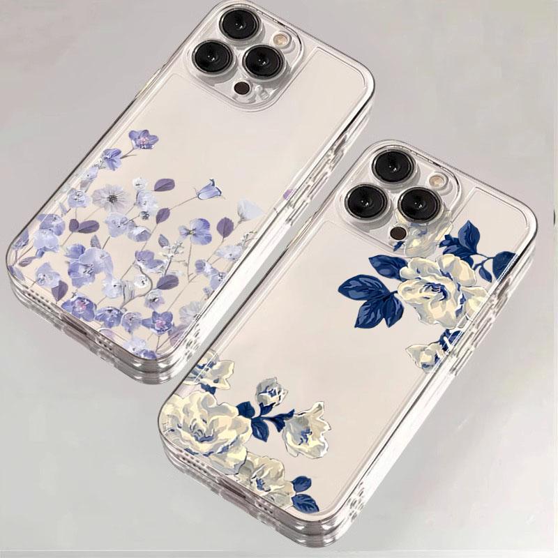 Blue Leaf White Flower Pattern Transparent Phone Case for Samsung Galaxy A56 A55 A35 A36 A15 S25 Ultra S24 FE S23 S22 Plus Cover