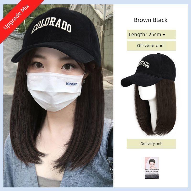 

Fake Mother Hat Wig Integrated Baseball Cap Realistic Hair Daily Peaked Cap Younger Fashion Men s Dress Women s Clothing Full-Head Wig Black cap buckle clavicle hair-Brown Black
