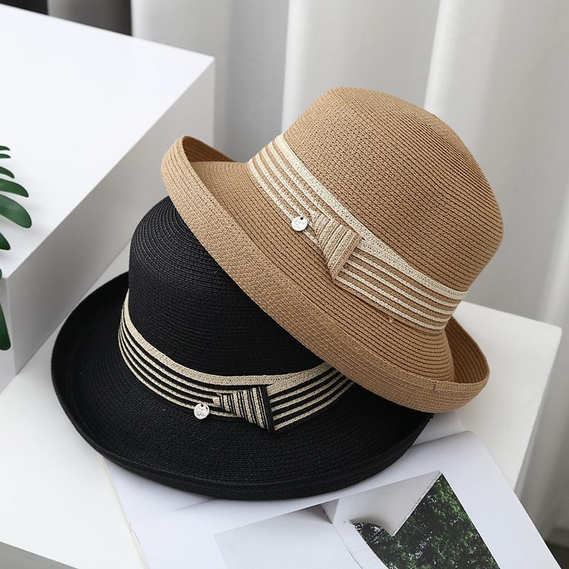 Sun Hat Women's Summer Crimped Straw Hat British Retro Black Sunscreen Hat Travel Foldable Sun Hat Tide