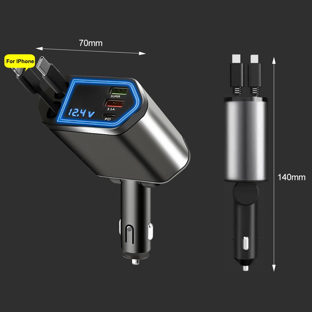 120W 5 In 1 Retractable Car Charger USB C Cable 3 Ports with Retractable Cords with Volt Display For IPhone Huawei Samsung