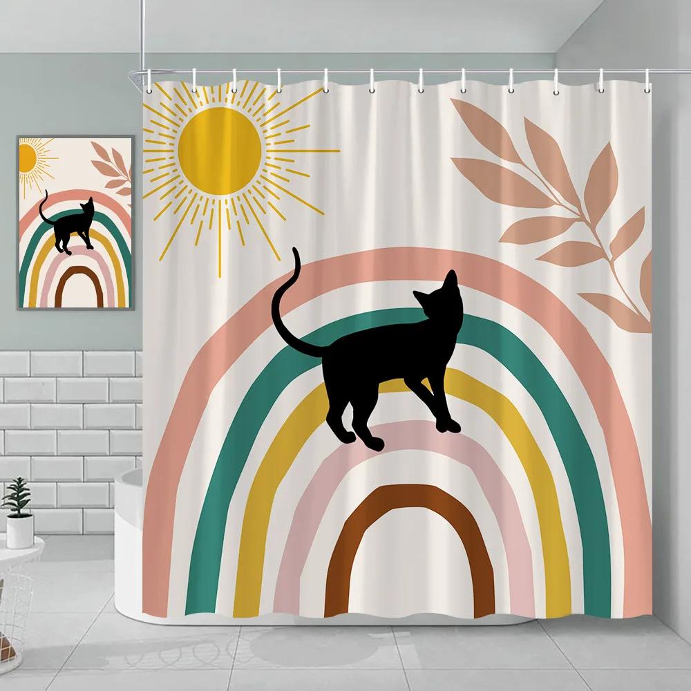 Bohemian Shower Curtain Cat Romantic Mid Century Modern Minimalist Abstract Lines Geometric Tropical Plants Bathroom Decoration