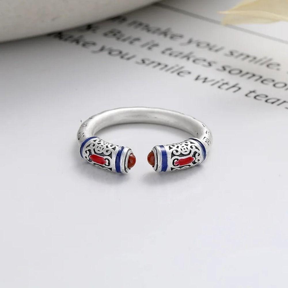 Heart Sutra Carving Ethnic Ancient Style Ring Flower Engraving Silver Color Open Rings Women