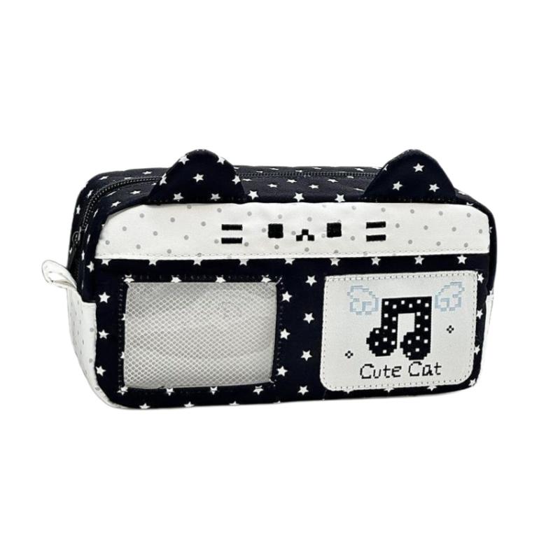 Pencil Case Adorable Cat Ear Design Large Capacity Pixel Music Themed Portable Stationery Organizer for Kids Daily Use