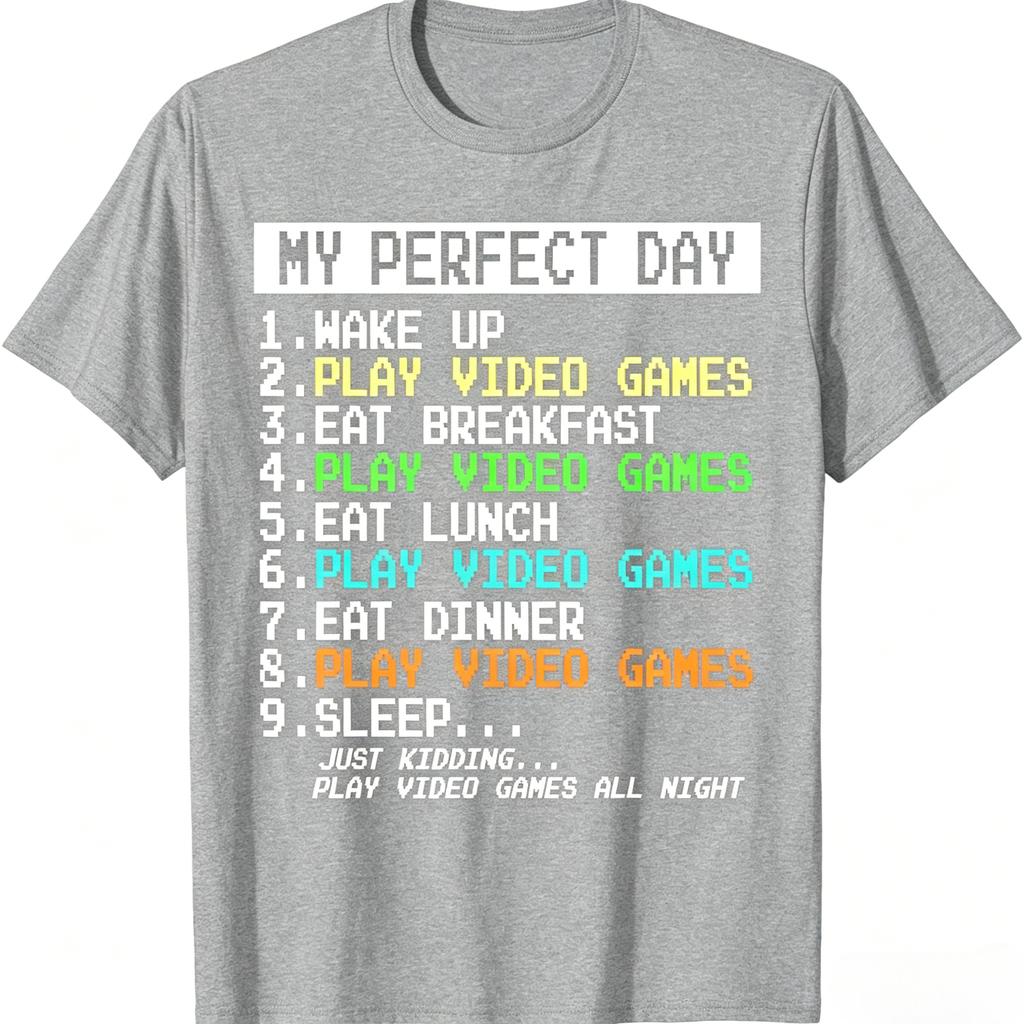Funny Gamer Humor TShirt Retro Pixel Font My Perfect Day All Day Gaming Schedule Print Tee Video Game Fan Short Sleeve Tops