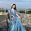 Bali Wear Blue Collar Print Beach Dress Seaside Vacation Bohemian Dress