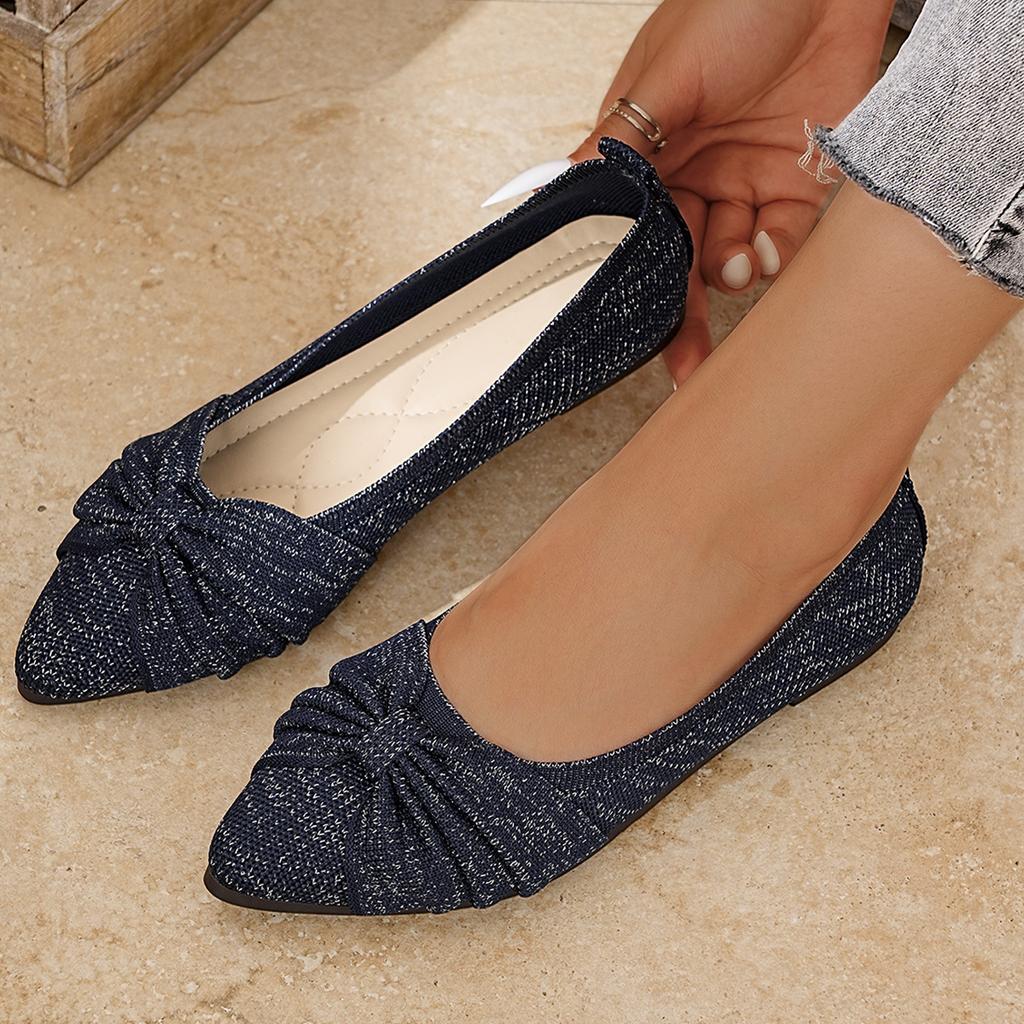 Women's Wide Width Flyknit Slip-On Flats - Bow Detail Low-Cut Loafers for Work, Breathable Casual Shoes