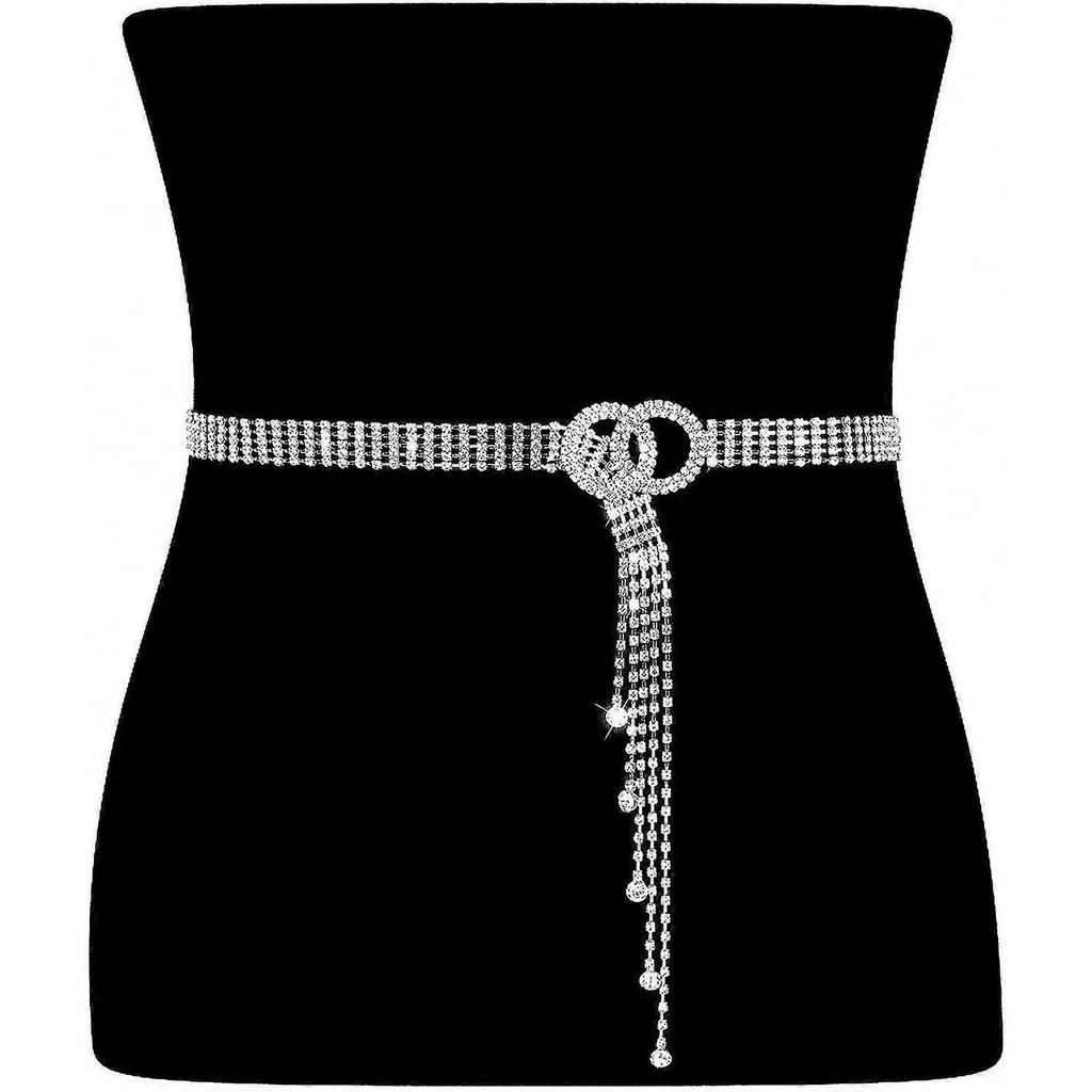 Women Rhinestone Belt Silver Shiny Diamond Fashion Crystal Ladies Double O-ring Waist Belt For Jeans Dresses
