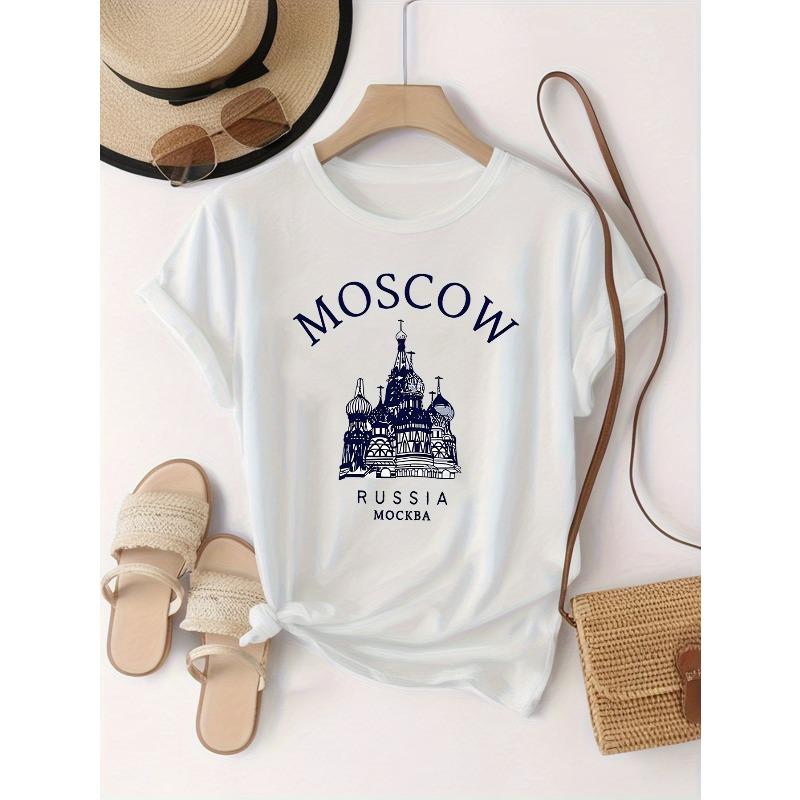 Women s White Moscow Russia Landmark Print T-Shirt Casual Crew Neck Short Sleeve Travel City Top S белый
