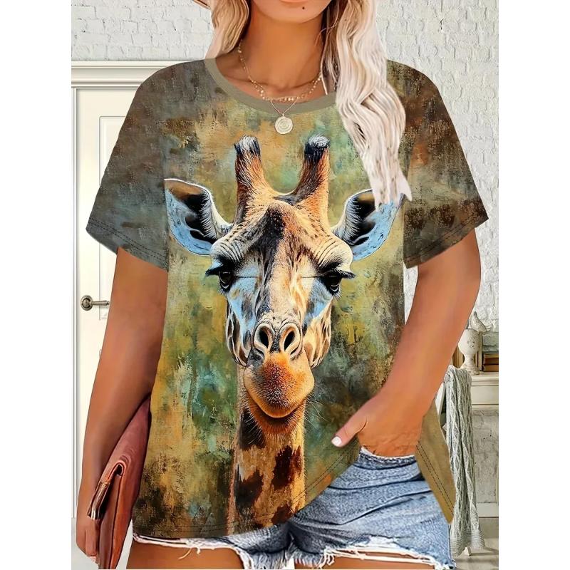 Fashion Women's Animal Short Sleeve 3D Animal Color Printing Crew Neck Short Sleeve Crew Neck T-Shirt