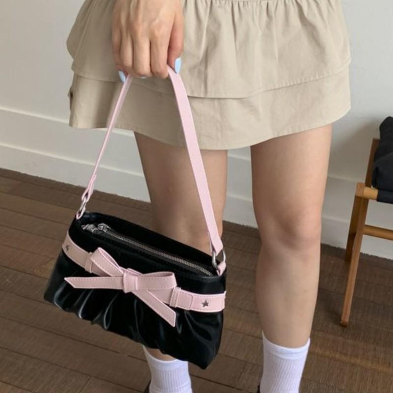 Korean Hot Girl Bow Studded Handbag Women Simple Design Sweet Shoulder Bag Ladies Elegant Fashion Underarm Purse Y2k Aesthetic