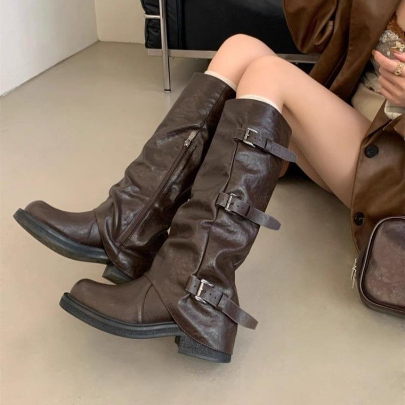 

Fashion Block Heel Metal Belt Buckle Side Zipper Tall Boots Women s Fashion Round Toe Soft Slip Single Boots 35