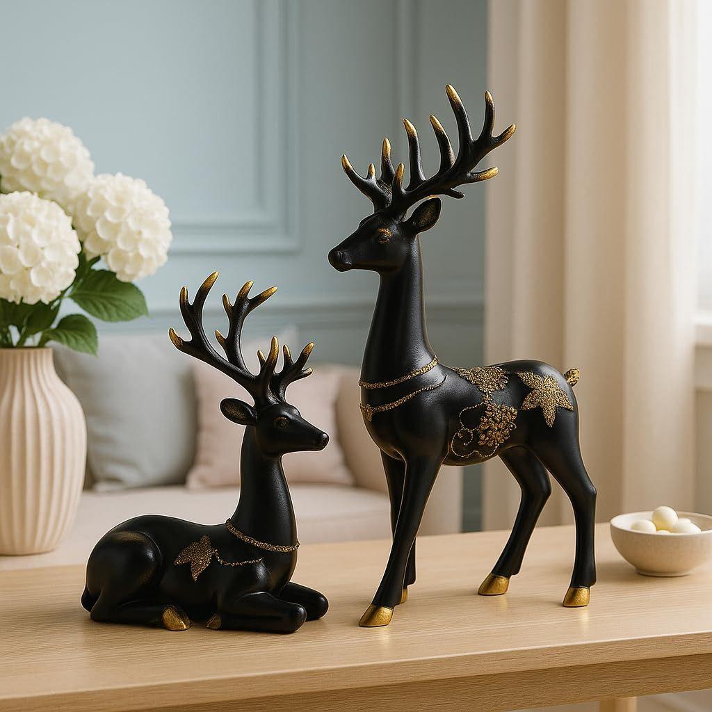 Creative Resin Golden and Black Reindeer Sculptures | Beautiful Home Decor | Lifts Up Energy of Your Room (Pack of 2, Black)