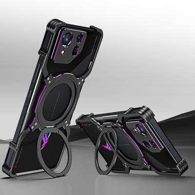 Rimless Magnetic Metal Case for Asus ROG Phone 8 Pro Aluminum Alloy Bumper 360° Rotate Ring Stand Lens Protective Frame Cover