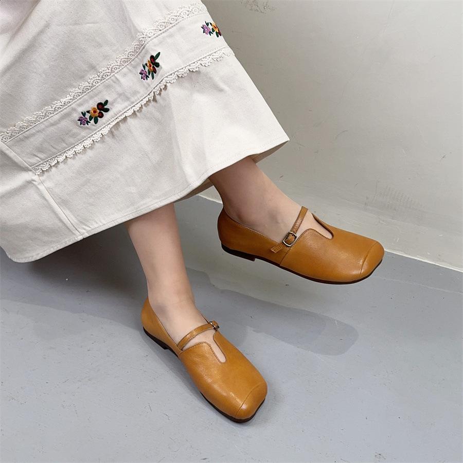 Johnature Square Toe Belt Buckle Soft Soled Shoes Genuine Leather Commuting Shallow Women's Flat Shoes