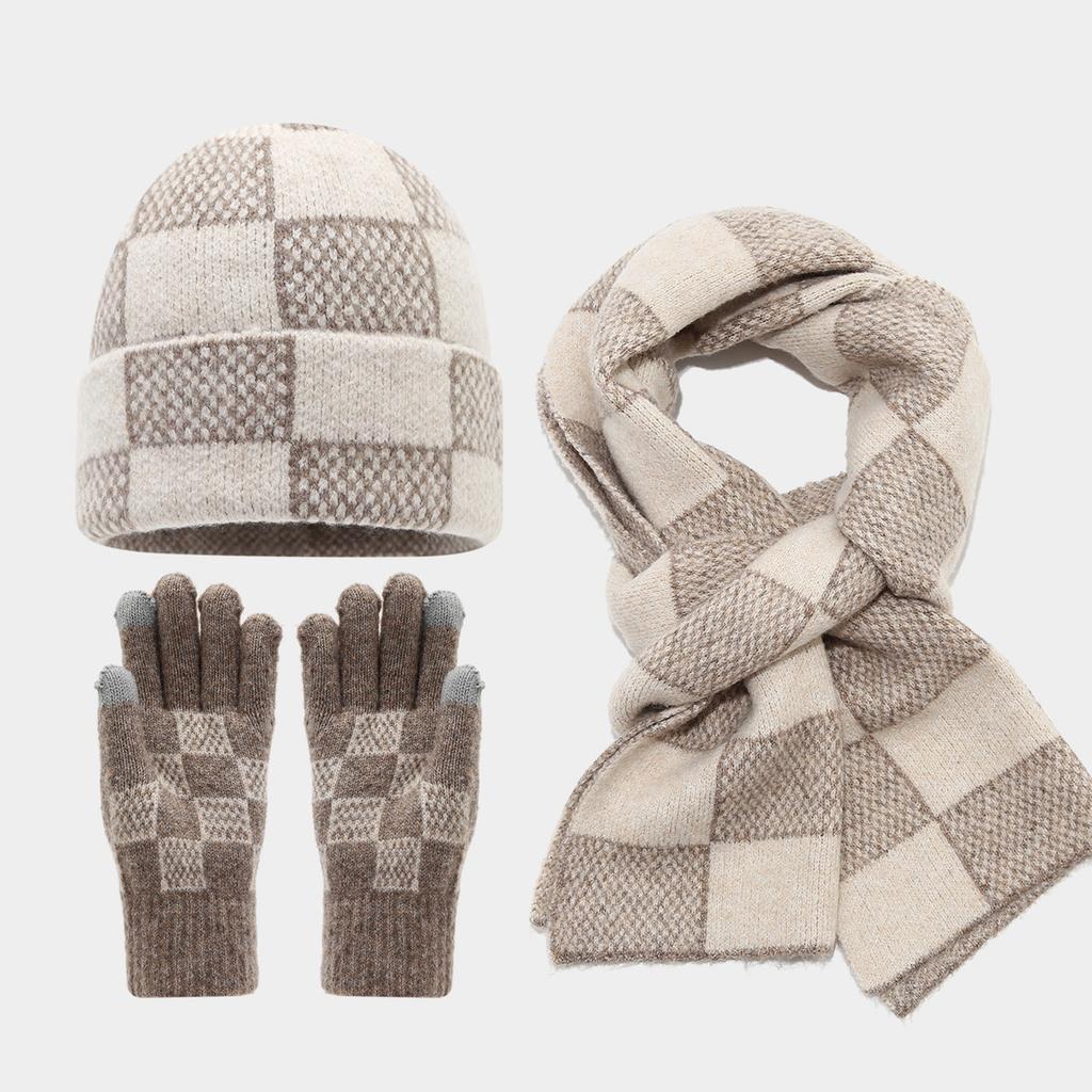 Unisex Vintage Kockás Kalap, Sál és Kesztyű Szett, 3 Részes Téli Kiegészítő Ppároknak