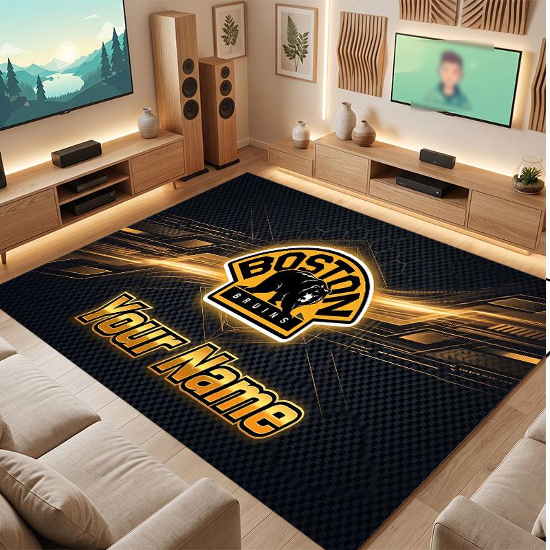 Tappeto in Cristallo Vellutato Personalizzato Boston Bruins, Tappeto Morbido Antiscivolo con Testo Nome Personalizzato per Soggiorno Camera da Letto