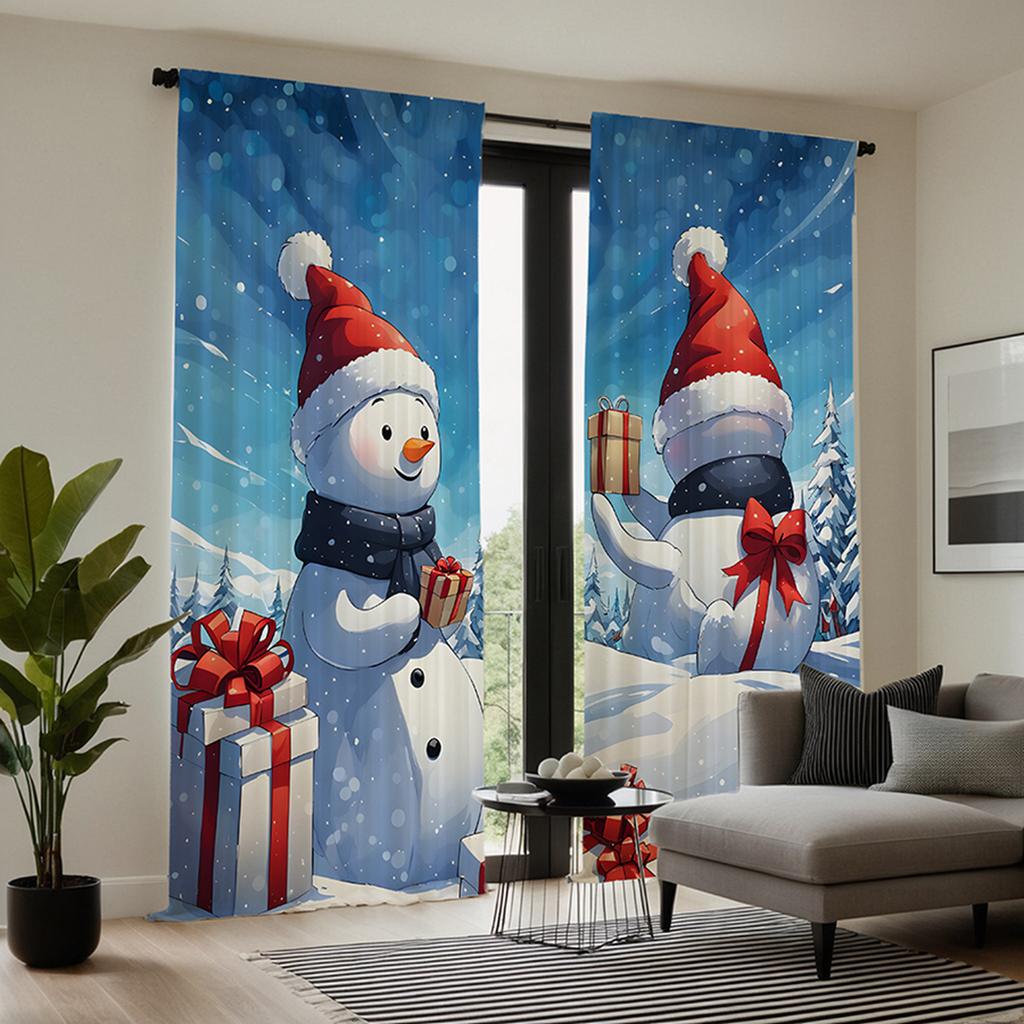 2pcs Set HD Christmas Gift Snowman Decoration Curtain Blue Tie Digital Printed Curtain Home Decoration Style Decoration Livin