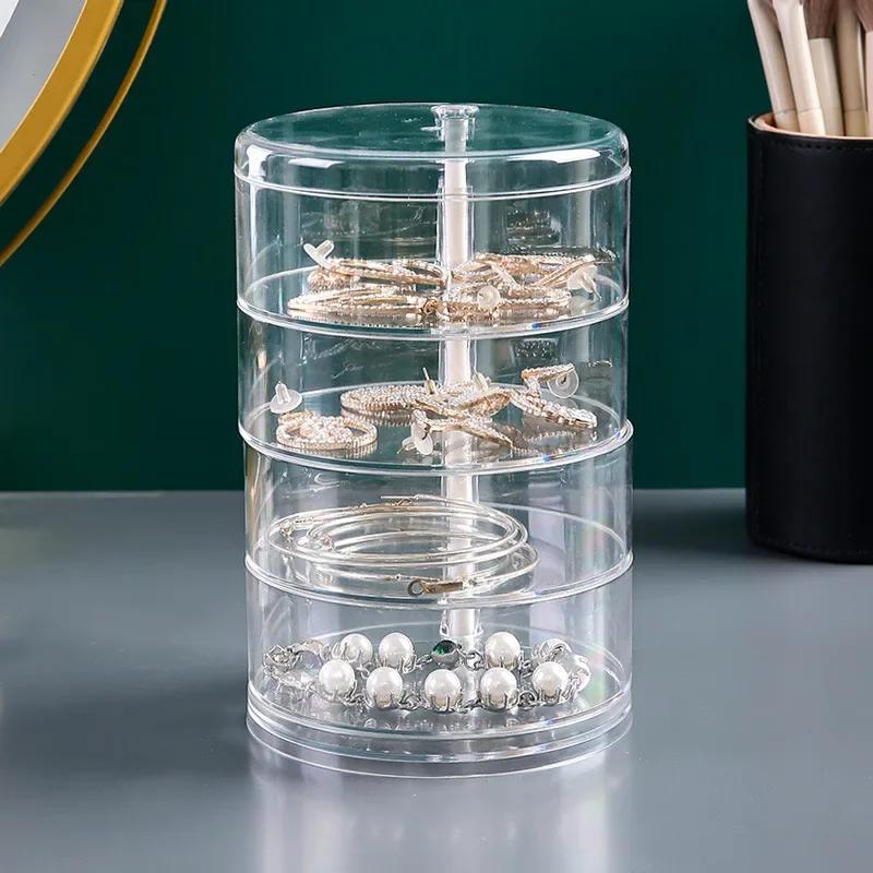 Rotating Jewelry Storage Box Makeup Storage Rack Bracelet Earring Round Plastic Organizer Boxes Holder Display Rack with Cover
