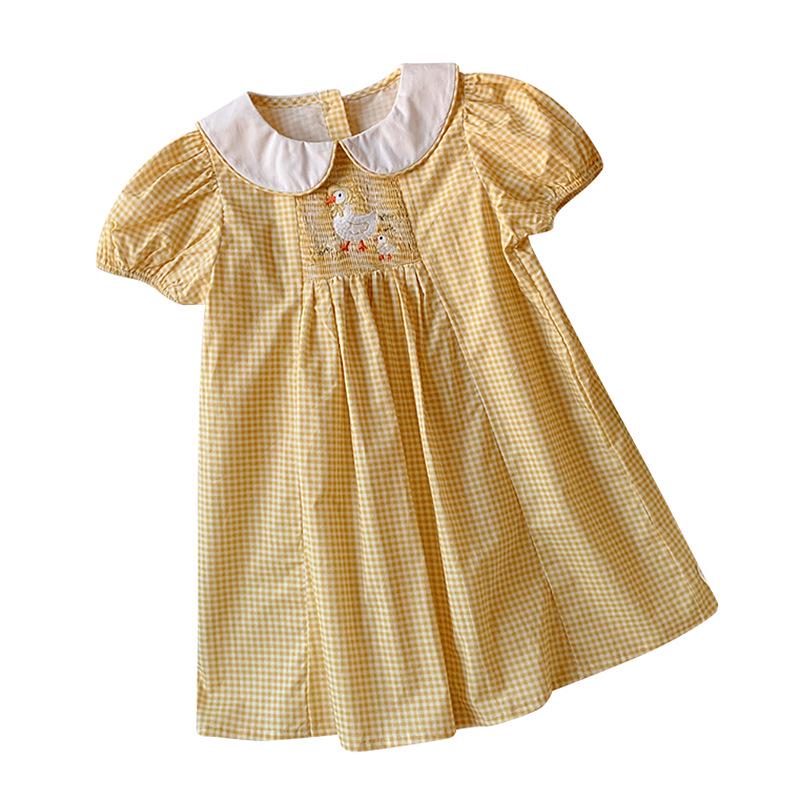 2026 Summer Girls' Puff Sleeve Plaid Dress with Smocked Animal Embroidery and Doll Collar