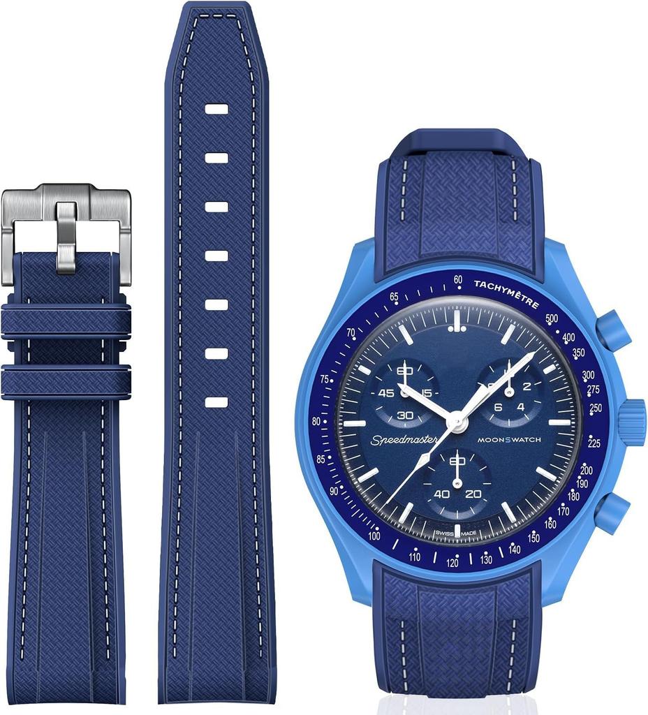 Jumpsunfun 20mm Watch Band for Omega and Silicone Strap with Quick Release Replacement Dark Blue with White Stitching X, Swatch, Speedmaster,