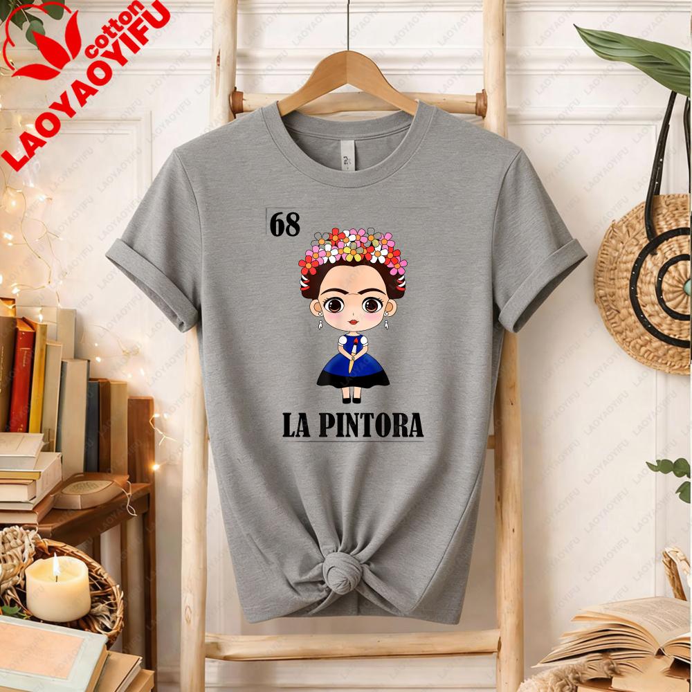Cute Cartoons Chibi Frida Kahlo TShirt Mexican Artist Kawaii Graphic Tee Art Lover Gift Summer Clothes for Women Shortsleev