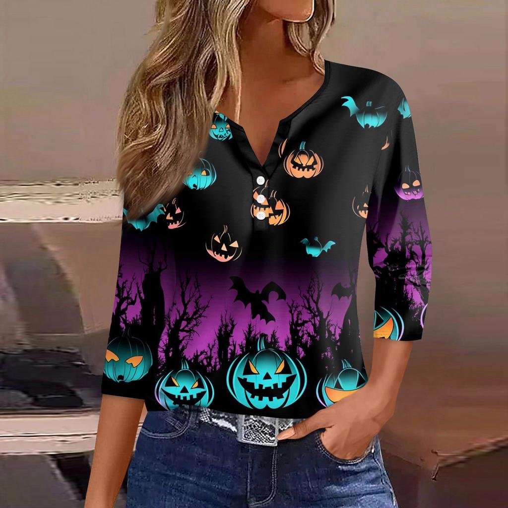 Dames T-shirt Tee Halloween Bedrukt Knoop 3/4 Mouw Tuniek Dagelijks Weekend Mode Basic V-hals Normale Top