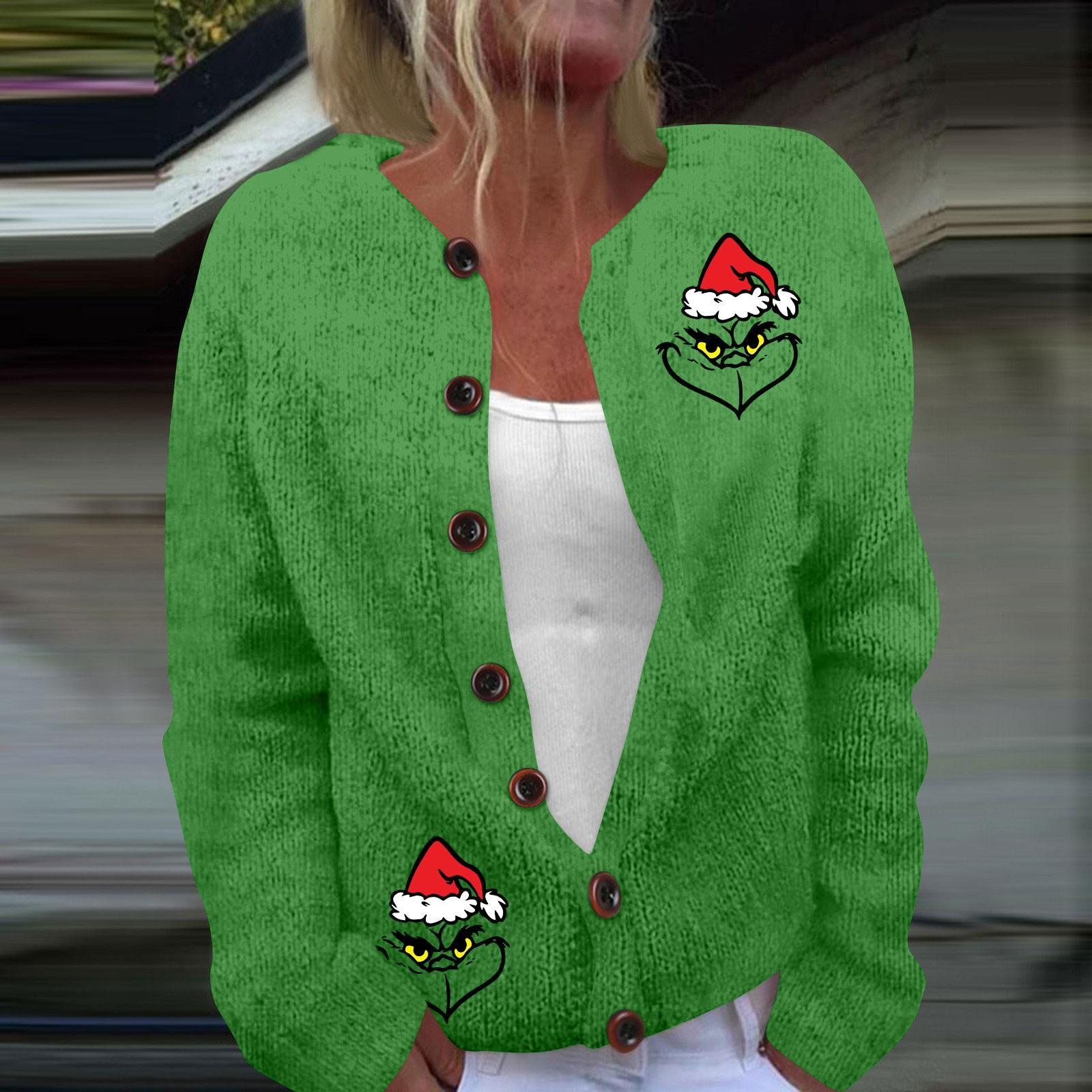 

Женская мода рождественский принт длинный рукав вязаный кардиган пуховик XXXXXL