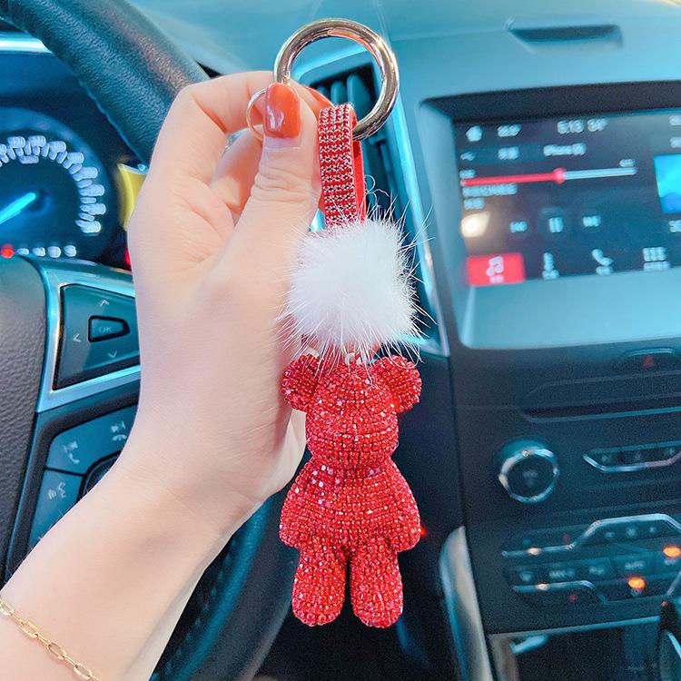 Autumn and Winter New Mink Hair Full of Diamonds Violent Bear Car Key Chain Drill Rope Key Ring Bag Pendant Online Celebrity