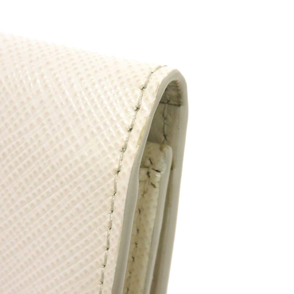 Used 11569 Saffiano Triangle Card Holder 1MC110 QHH F0009 7946 Current Calfskin White Bifold RFID Logo Bianco Unisex