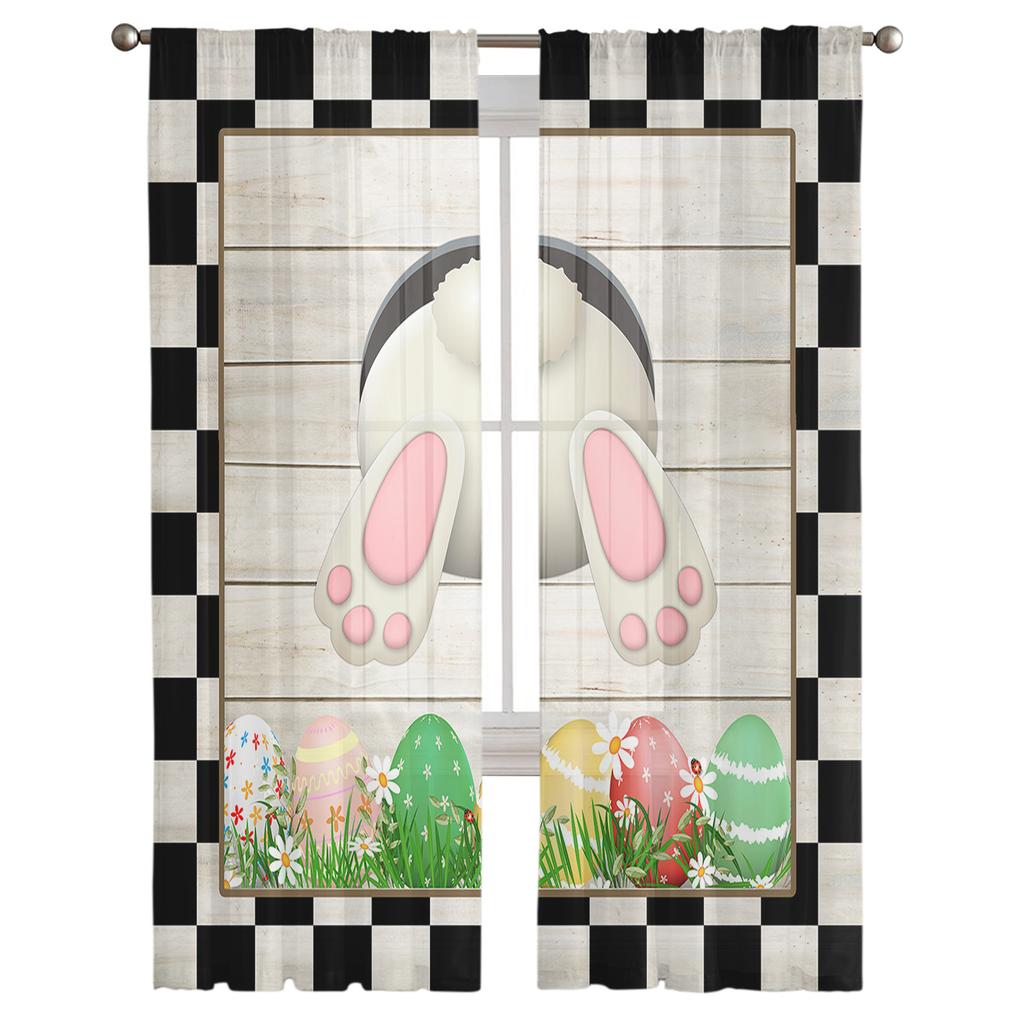 Easter Retro Farm Style Bunny Sheer Curtains for Bedroom Living Room Festival Decor Cute Rabbit Kitchen Window Tulle Curtain