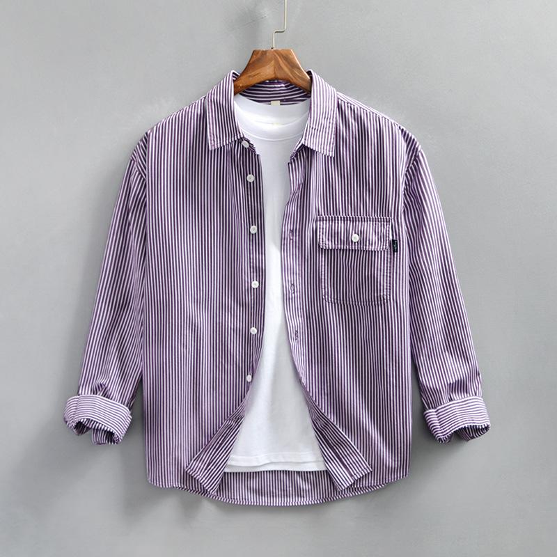 

Весенние и летние рубашки с длинным рукавом для мужчин, повседневные рубашки из чистого хлопка свободного кроя в корейском стиле в полоску с карманами на лацканах для мужчин XXXXL фиолетовый