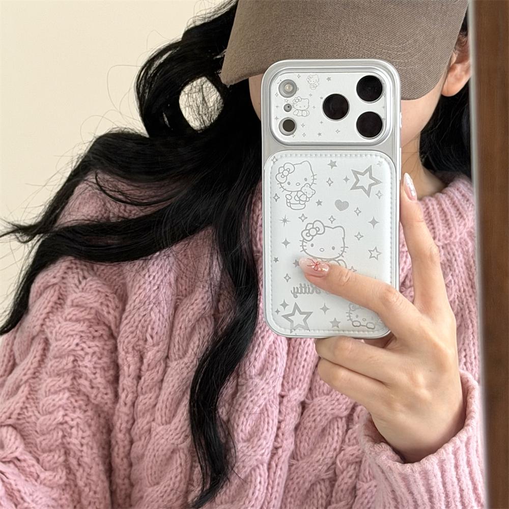 Fashion Stars Leather Sanrio Hello Kitty Cute Cartoon Pattern Style Case For iPhone 17 16 15 14 13 12 11 Pro Max Girl Gift Cover