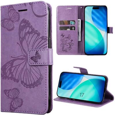 Pouzdro pro iPhone 17, Flipové pouzdro ze syntetické kůže, nárazuvzdorné, proti poškrábání, fialový motýlí vzor