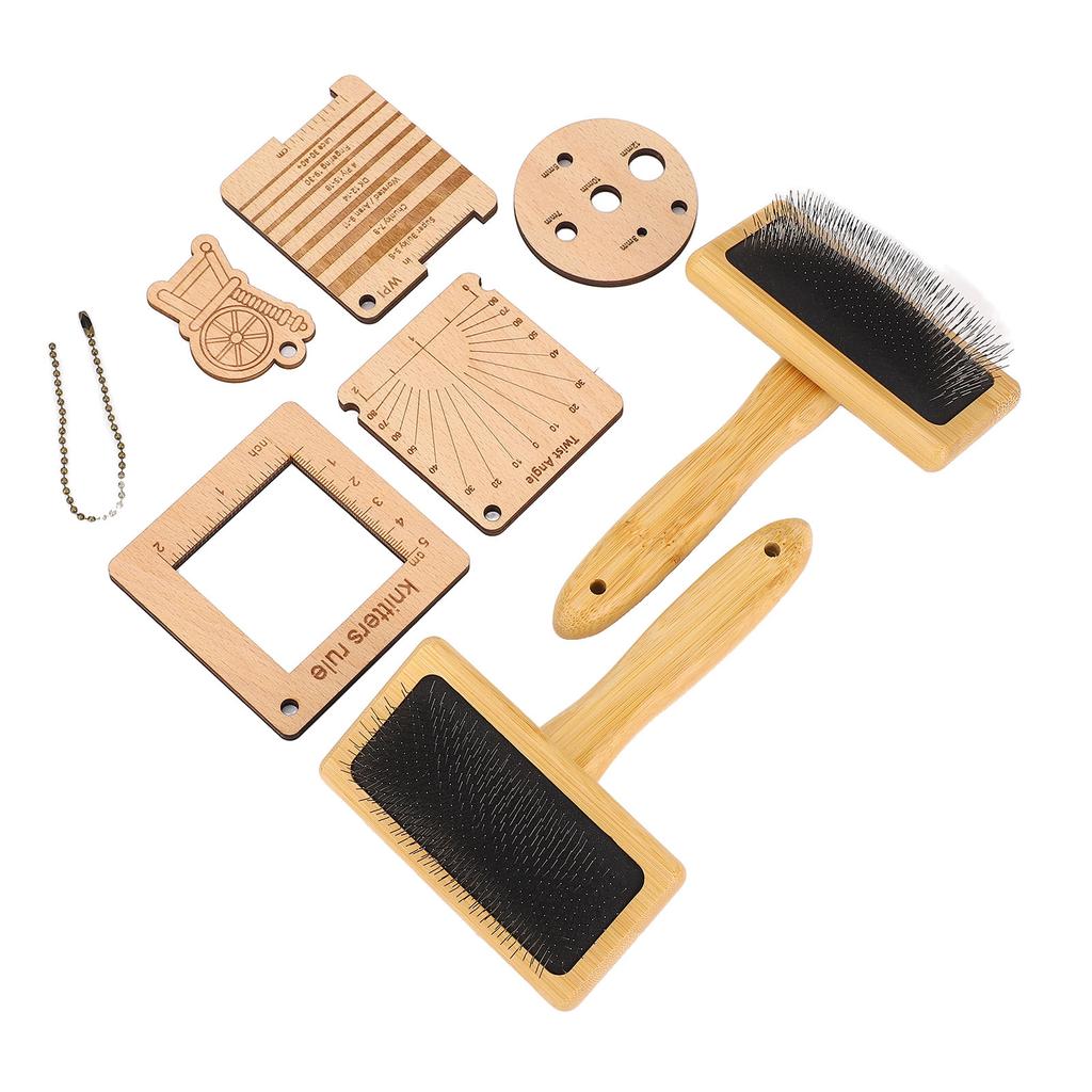 8PCS Set Wooden Knitting Gauge Wool Brush Set Wool Felting Brush and Knitting Measure Tool Kit