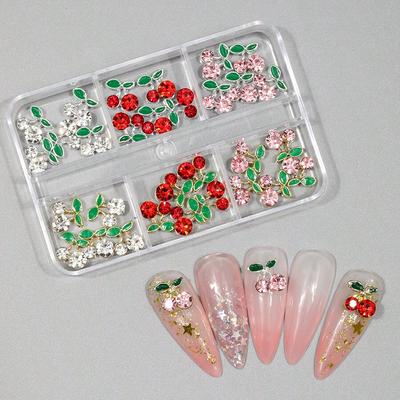 6-Gitter/Box 3D Rote Kirsch-Nageldekorationen, DIY Legierung Strassstein Nagelkunst Zubehör, Valentinstagsgeschenke, Für Frauen Nägel, Nagelkunst Zubehör