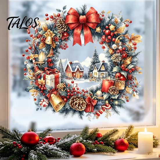 Festive Wreath Decorations Watercolor Christmas Static Window Cling, Reusable Xmas Sticker with Red Bow Seasonal Home Decor Winter Snowy Decal,