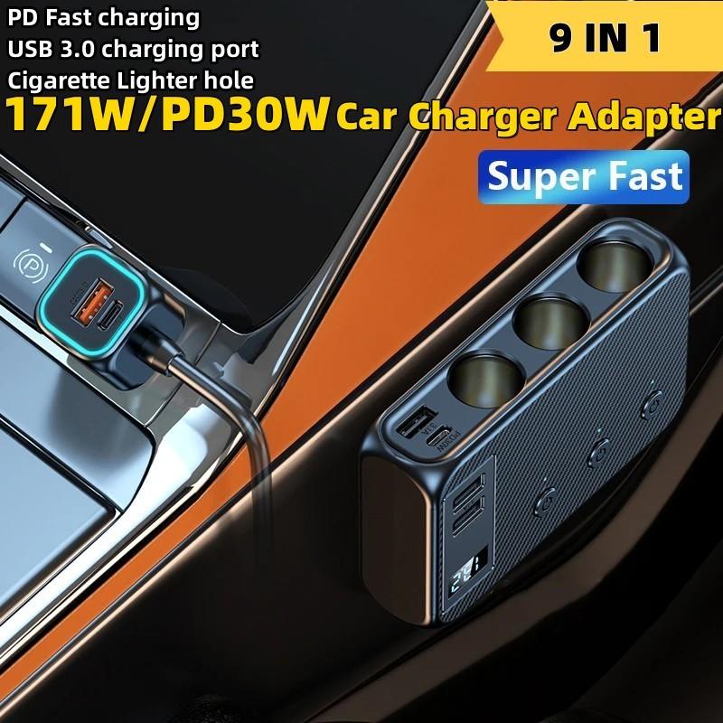 128W Car Charger Adapter 9 Port 4 USBQuick Charging PD 30W/QC 3.0 12V/24V DC Car Phone Charger for Huawei Xiaomi Samsung