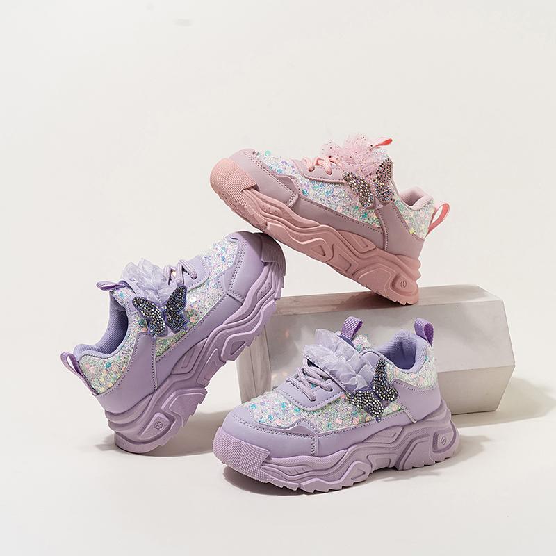 Fashion New Girls' Sports Shoes Anti Slip Soft Sole Sequin Shinny Butterfly Cute Tennis Running Shoes Princess Shoes for Baby Girls