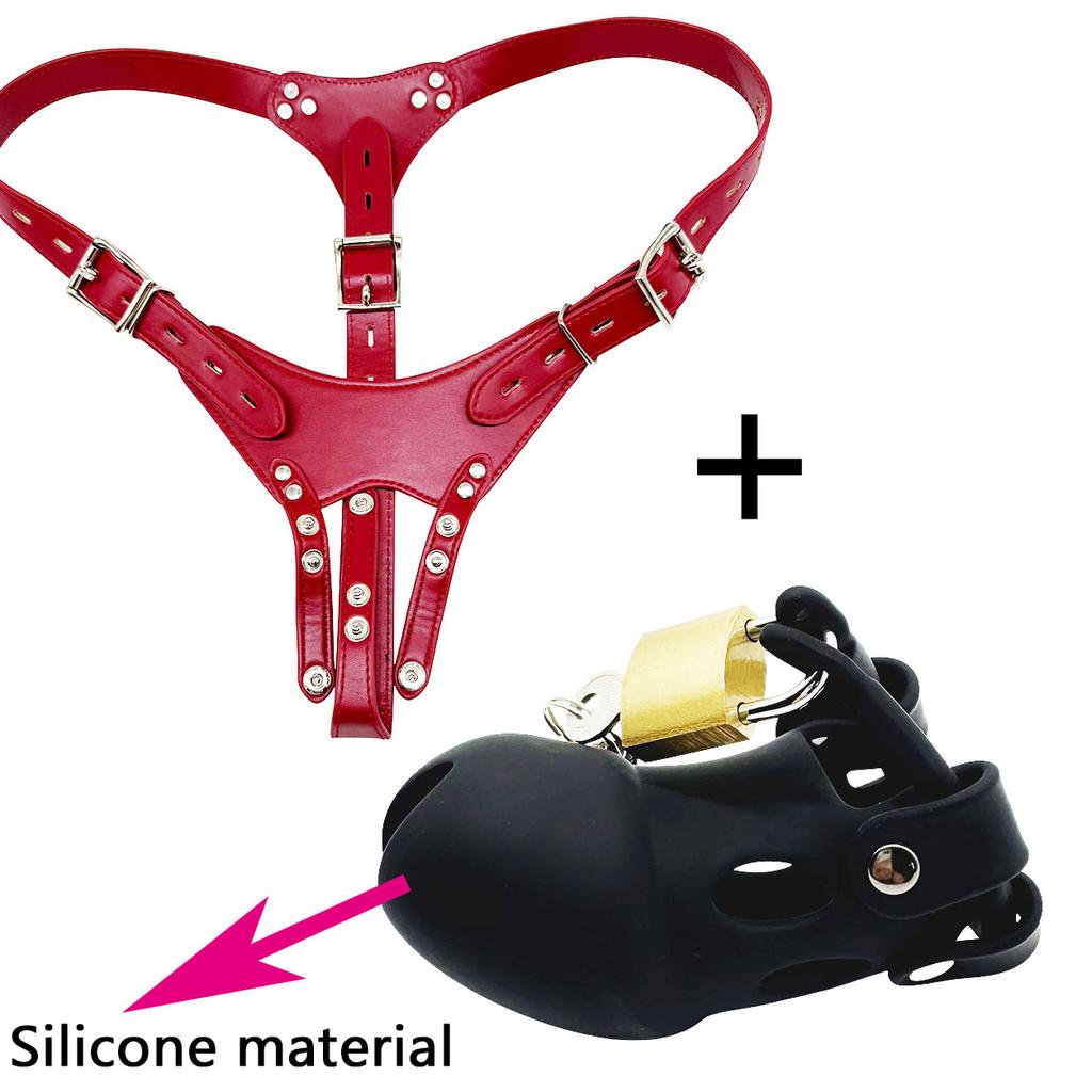 Black Leather Male Chastity Belt - Adjustable Strap-On Pants with Lock for Silicone Cock Cage