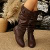Pleated Pu Leather Knee High Boots Women Vintage Belt Buckle Thick Heel Long Boots Woman Plus Size 36-43 Slip On Western Shoes