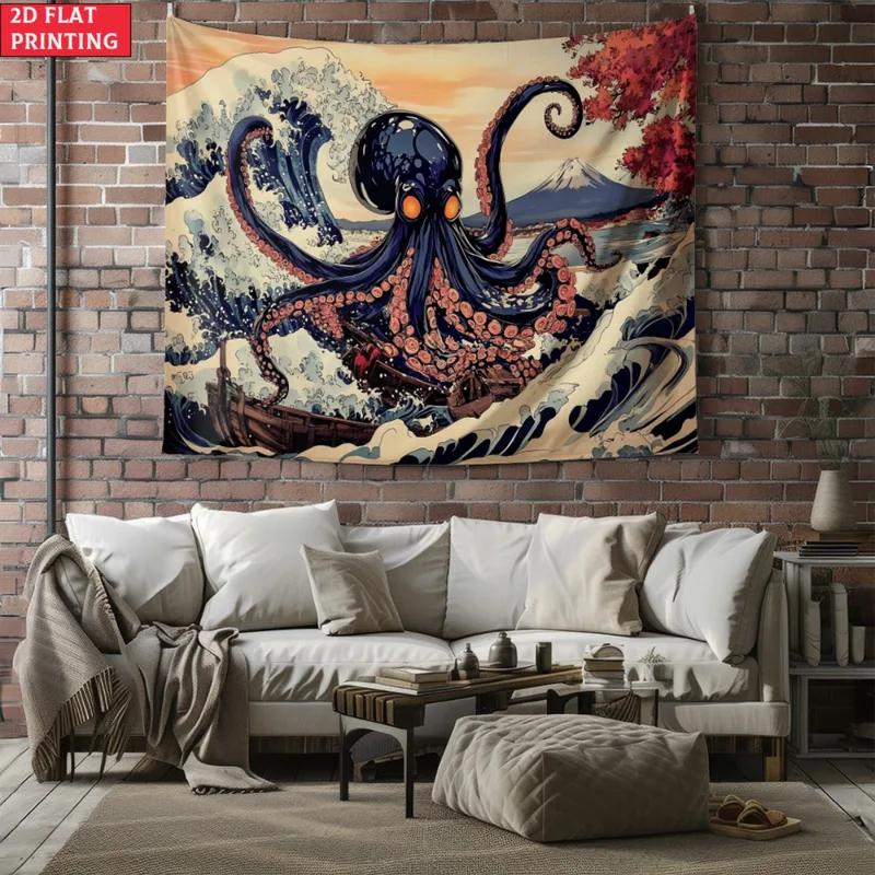 Japanese Octopus Tapestry, Kanagawa Wave Giant Octopus & Mt Fuji Wall Hanging for Bedroom Living Room Decor 100X70CM