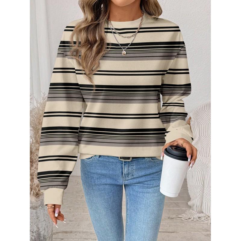 Womens Casual Striped Print Hoodie-Free Sweatshirt Loose Fit Round Neck Long Sleeve Top 2025